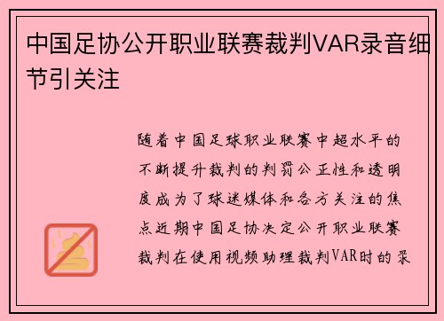 中国足协公开职业联赛裁判VAR录音细节引关注 中国足协公开职业联赛裁判VAR录音细节引关注