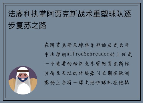 法廖利执掌阿贾克斯战术重塑球队逐步复苏之路 法廖利执掌阿贾克斯战术重塑球队逐步复苏之路