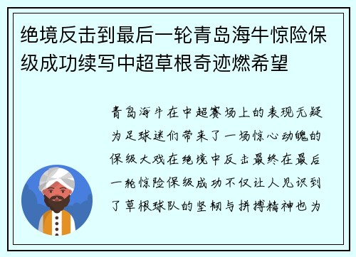 绝境反击到最后一轮青岛海牛惊险保级成功续写中超草根奇迹燃希望 绝境反击到最后一轮青岛海牛惊险保级成功续写中超草根奇迹燃希望
